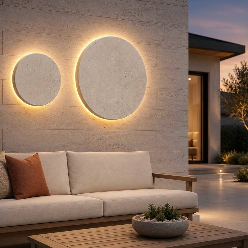 Hama outdoor wall light, a glowing natural travertine disc on a coastal terrace wall at dusk