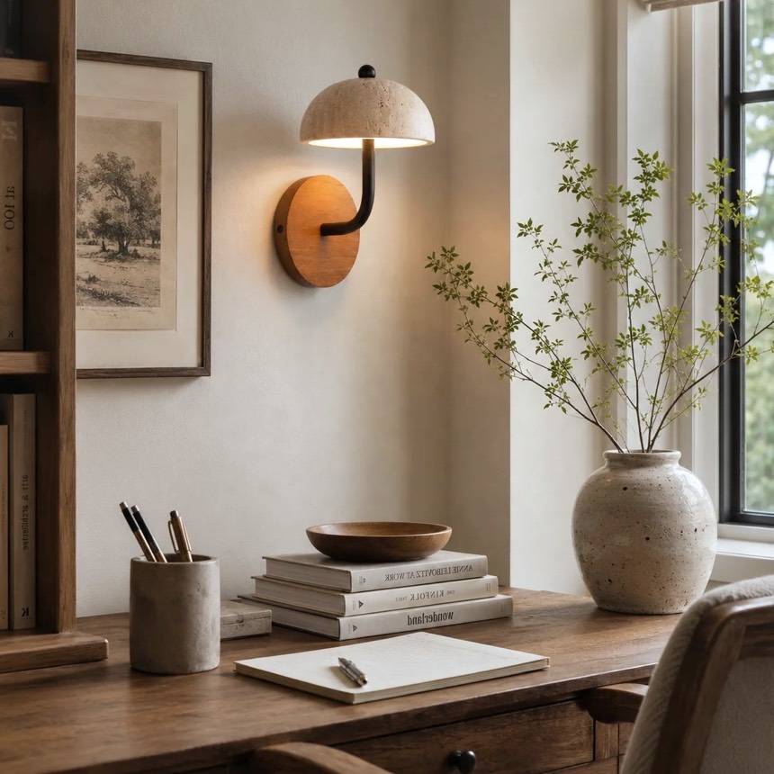 Hotaru wall light, a travertine dome on a curved timber arm above a desk