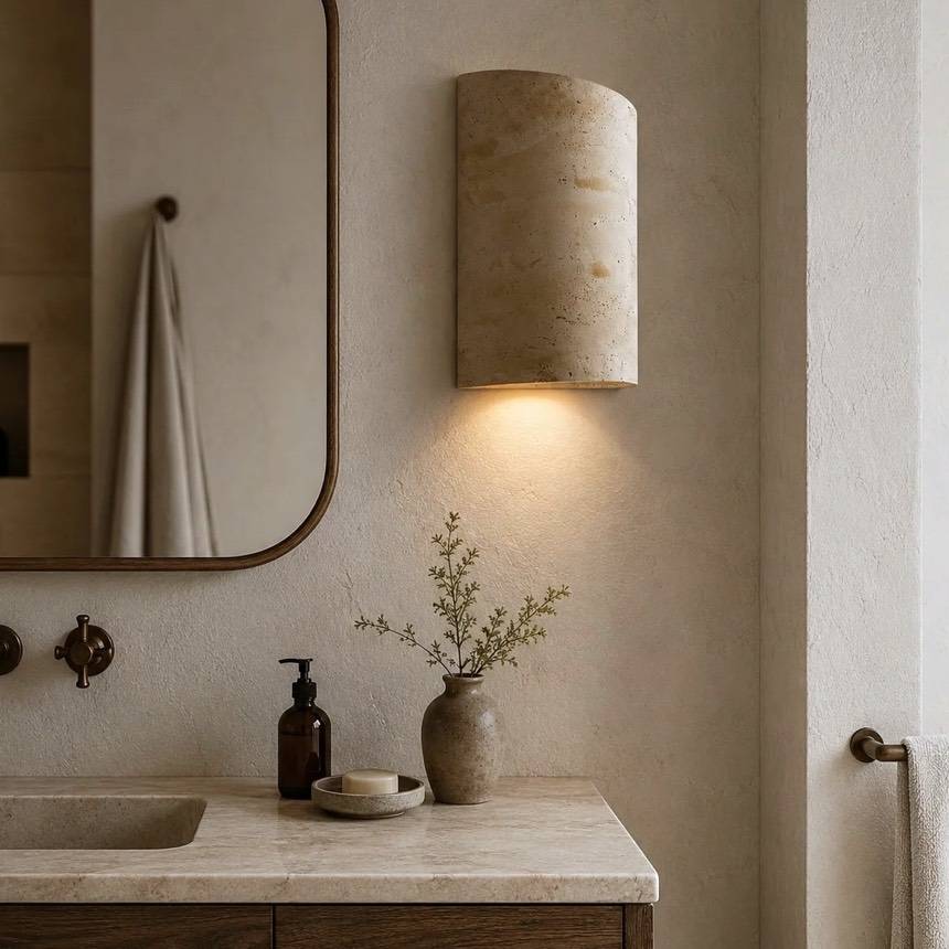 Nagisa wall light, a curved natural travertine shell beside a bathroom mirror