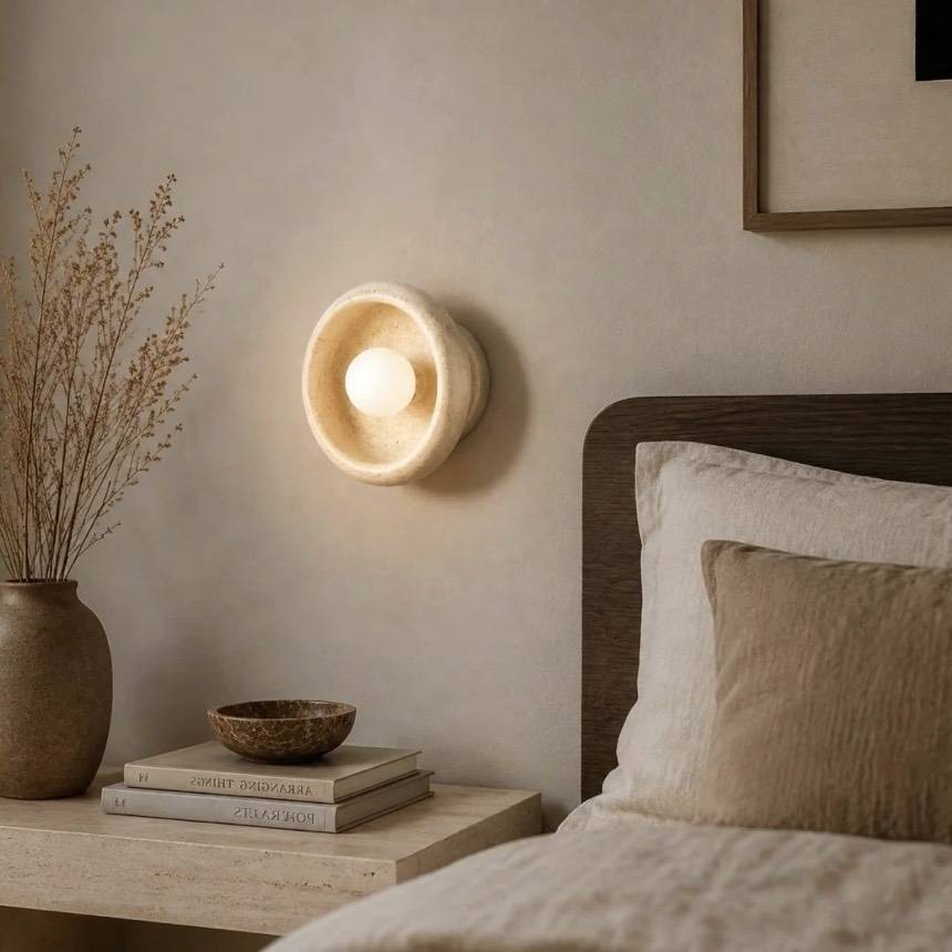 Wa wall light, a round natural alabaster lamp glowing beside a bed