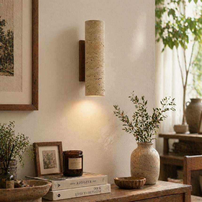 Sora wall light, a natural travertine cylinder on a timber mount in a living room