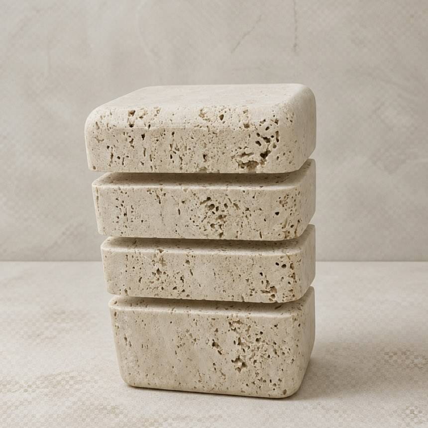 Tsumi table lamp, stacked natural travertine blocks glowing through the gaps