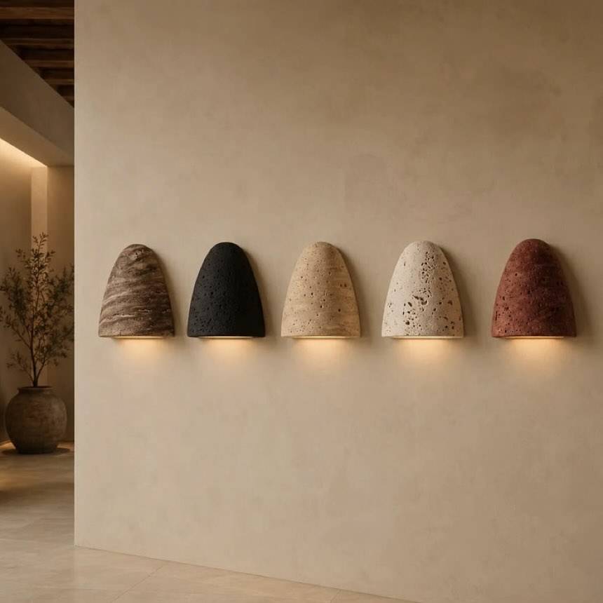 Kai wall lights, carved natural travertine shells in five stone colours